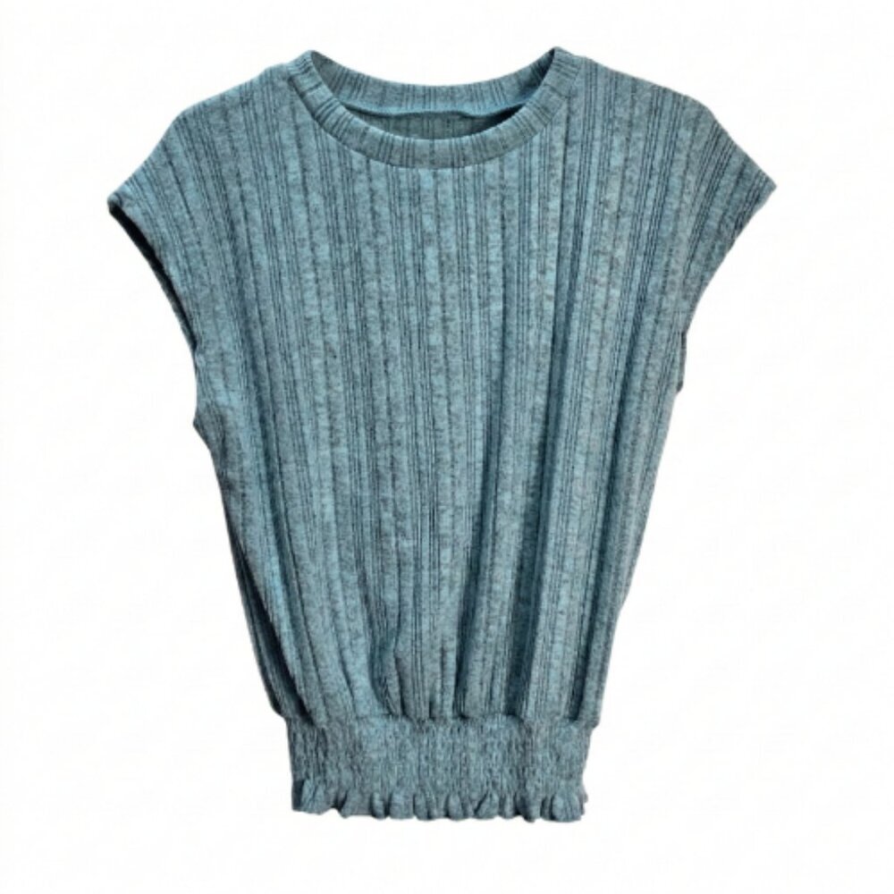 NWOT | Teal Heathered Ribbed Smocked Top | Ruffled Hemline | Size Small